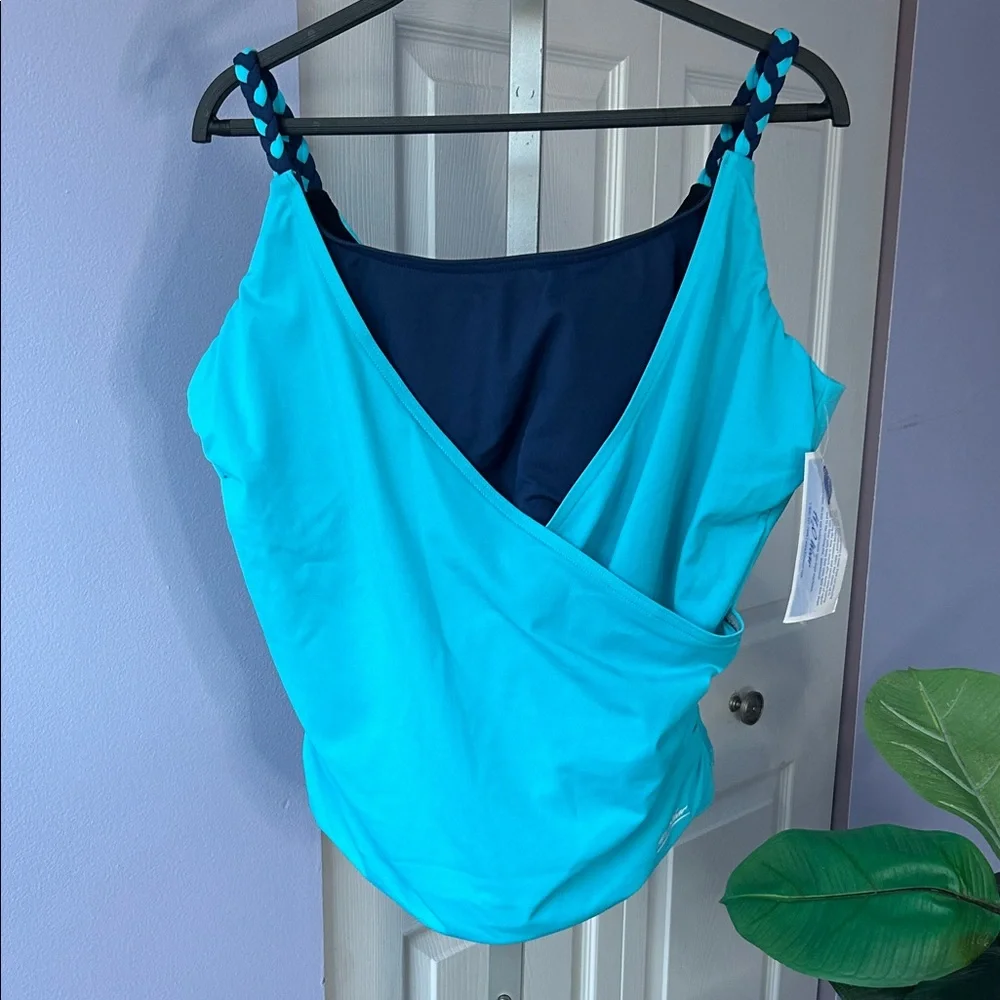 NWT H2O Tankini Top Navy + Light Blue Braided Strap Soft Bra Support Top Large